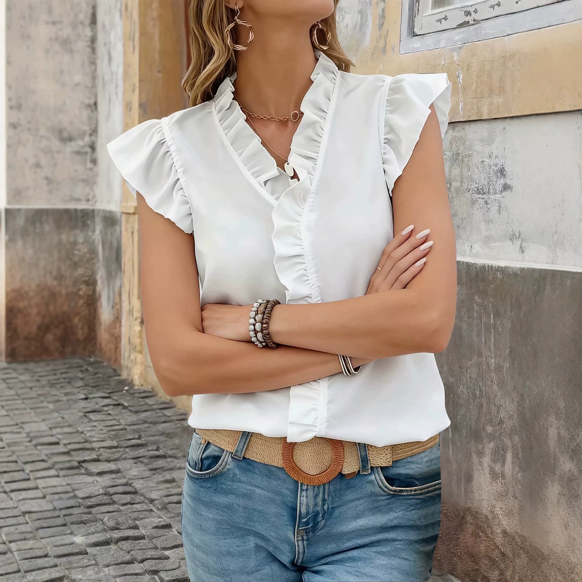 2026 Women's White Blouses V-Neck Sleeveless Woven Shirts Summer Fashion Ruffles Spliced Casual Solid Color Loose Plus Size Tops