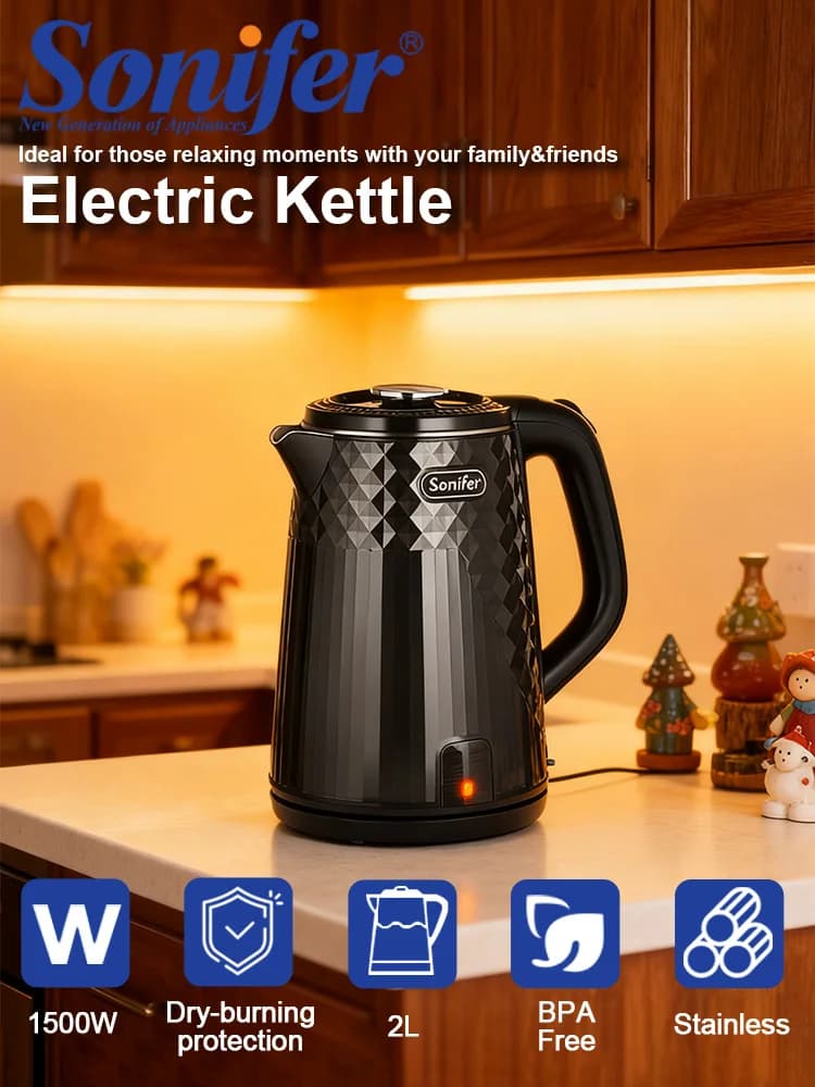 Electric Kettle Sonifer SF-2160 1500W 2L 304 Stainless Steel Inner Tank Temperature Control Auto Shut Off for Home Office