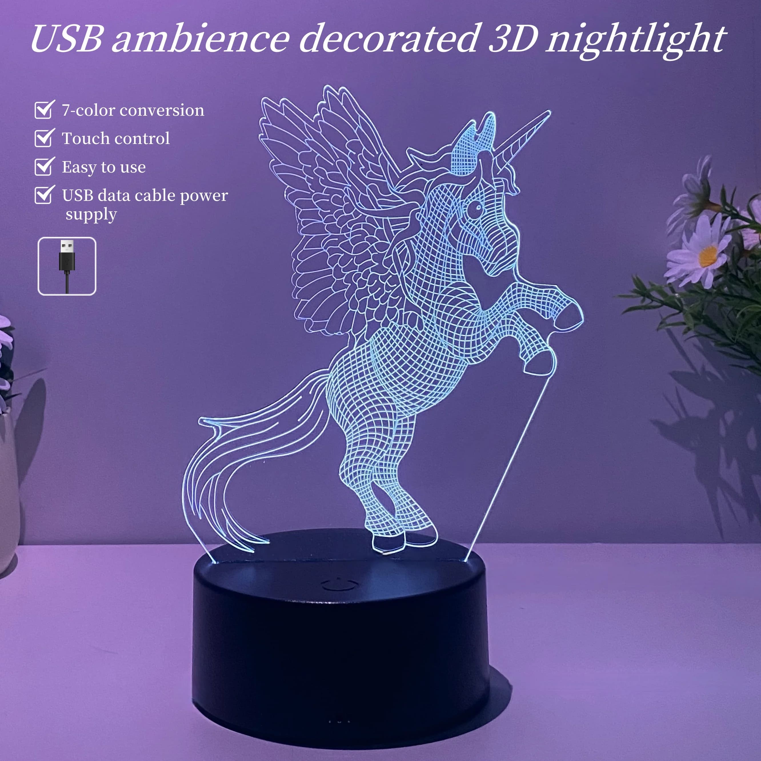 1 pz unicorn 3D nightlight, atmosfera della camera da letto con luci per dormire, interfaccia USB, luci da tavolo regalo per le vacanze per gli amici.