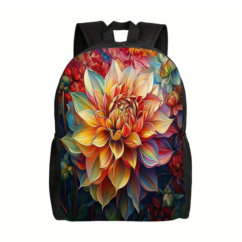 1 unisex backpack with large chrysanthemum pattern - multicolor floral print (red/yellow/pink/green/blue) with black zip closure