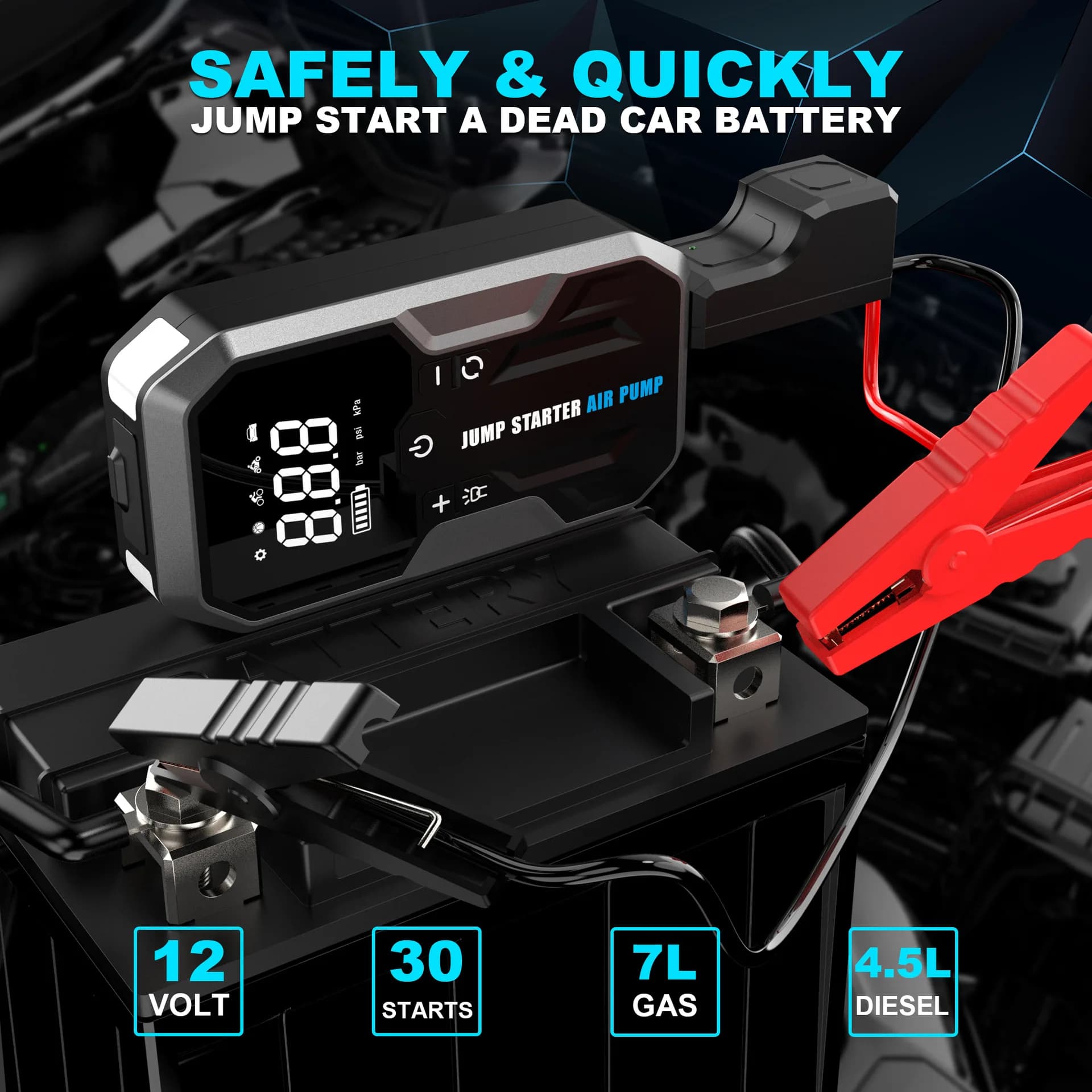 Avviatore di Emergenza per Auto 12V 2-in-1 con Pompa d'Aria, Pressione Pneumatici Digitale Preimpostata, Booster Batteria Portatile per Esterni
