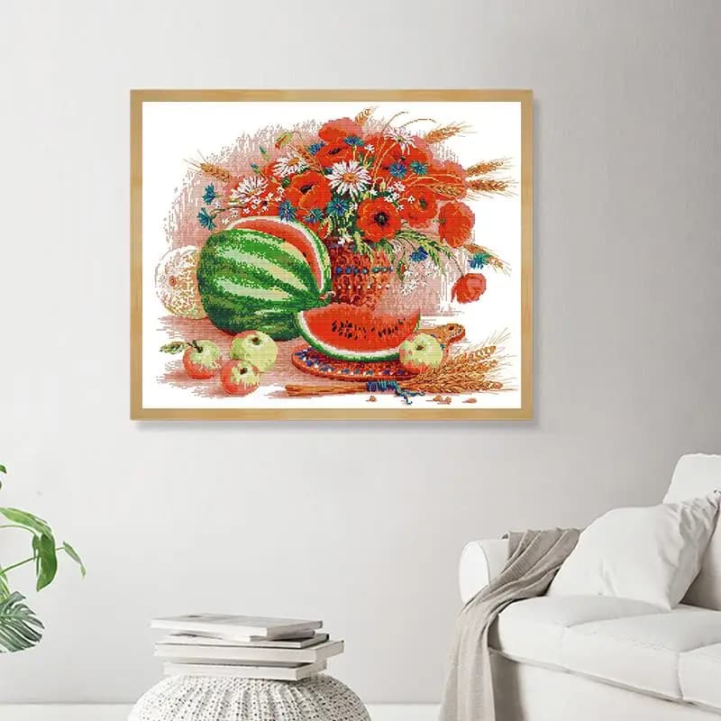 Watermelon and Red Flowers Printed Cross Stitch Kit 14CT White Cloth 11CT Calico Needlework Sewing Set DIY Embroidery Home Decor