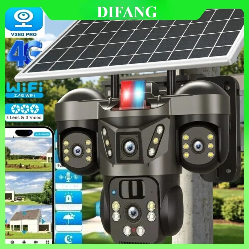 Telecamera di Sicurezza Solare Wireless V380 Pro con Triplo Schermo, Zoom 10X, Scheda SIM 4G, CCTV Solare, Batteria a Lunga Durata, Telecamera IP WiFi Solare Senza Fili