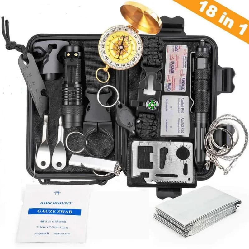 Kit di sopravvivenza per attrezzature da viaggio all'aperto Kit di pronto soccorso da campo multifunzionale 18 in 1 Forniture per esterni Strumenti Multitool da campeggio