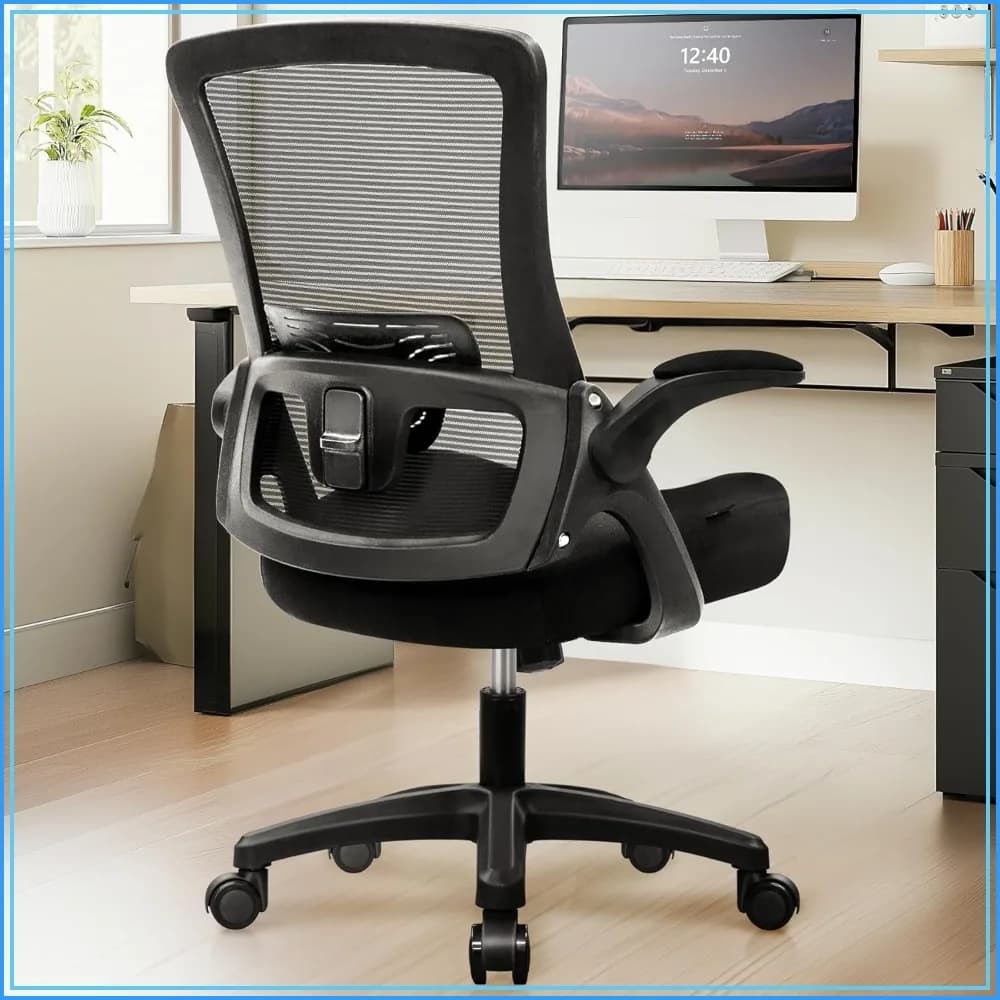 Ergonomic Mesh Office Gaming Chair with Flip-up Armrests, Lumbar Support, Rolling Wheels, Height Adjustable, Black