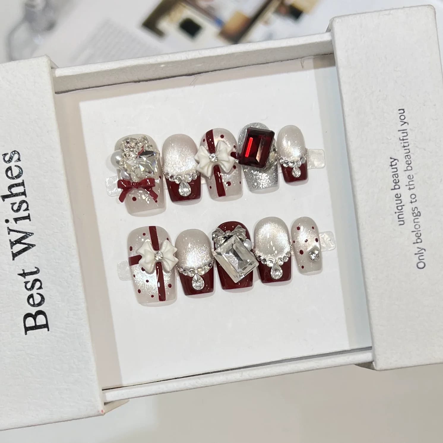 10 pieces Christmas party short square nail tips for ballet art snowflake rhinestones pearls nail stickers reusable acrylic nails