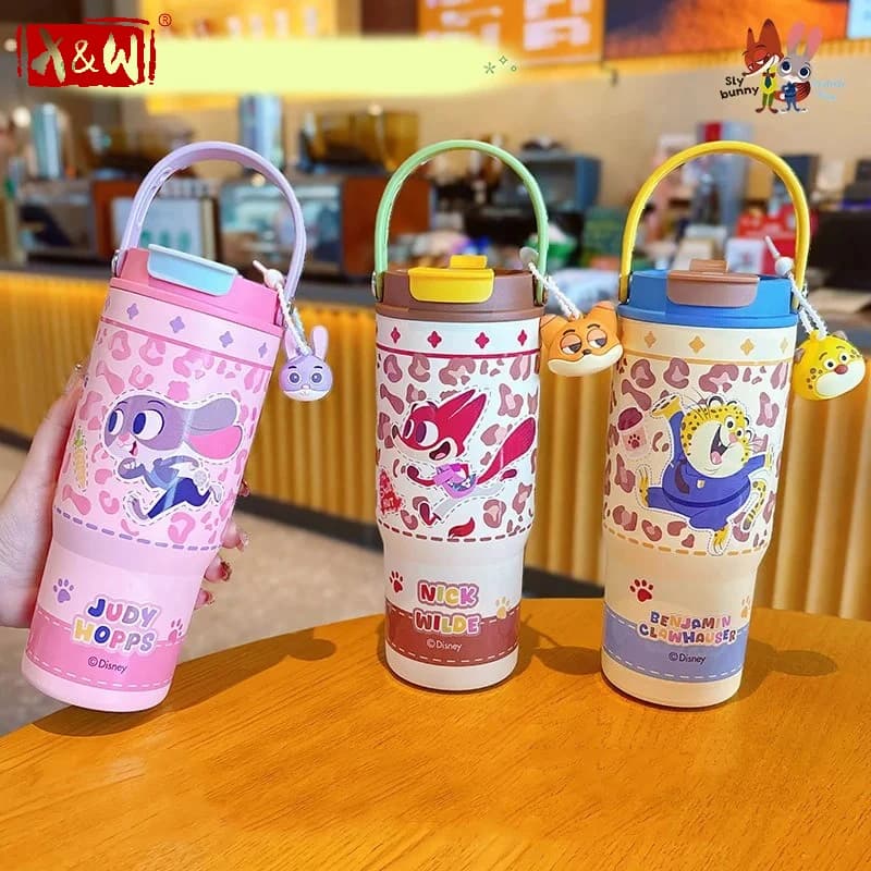 X&W per Zootopia Bicchieri Isolati da 750ml, Tazza Acqua con Cannuccia Judy Nick, Bicchiere Termico in Acciaio Inox 316, Tazza da Viaggio per Auto e Outdoor