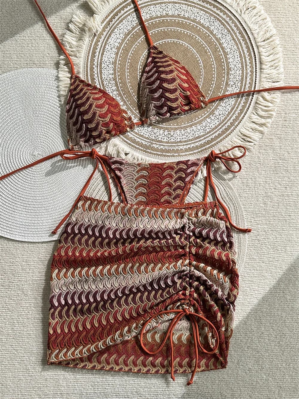 Completo Bikini Vintage Boho Lavorato a Maglia con Gonna, Micro String, Senza Schienale, per Vacanze, Costumi da Bagno Donna, Set Bikini all'Uncinetto, Outfit da Spiaggia