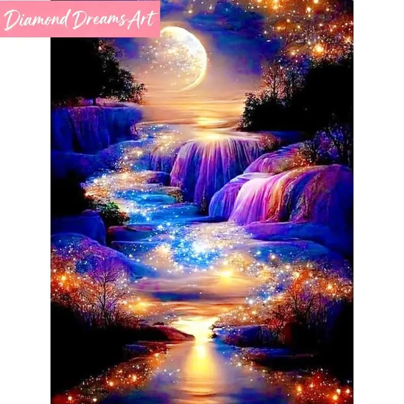 Kit Fai-da-Te per Pittura Diamante Senza Cornice, Paesaggio con Cascata, Mosaico Completo con Diamanti, Arte Murale Luna, Decorazione Artigianale Fatta a Mano, Regalo