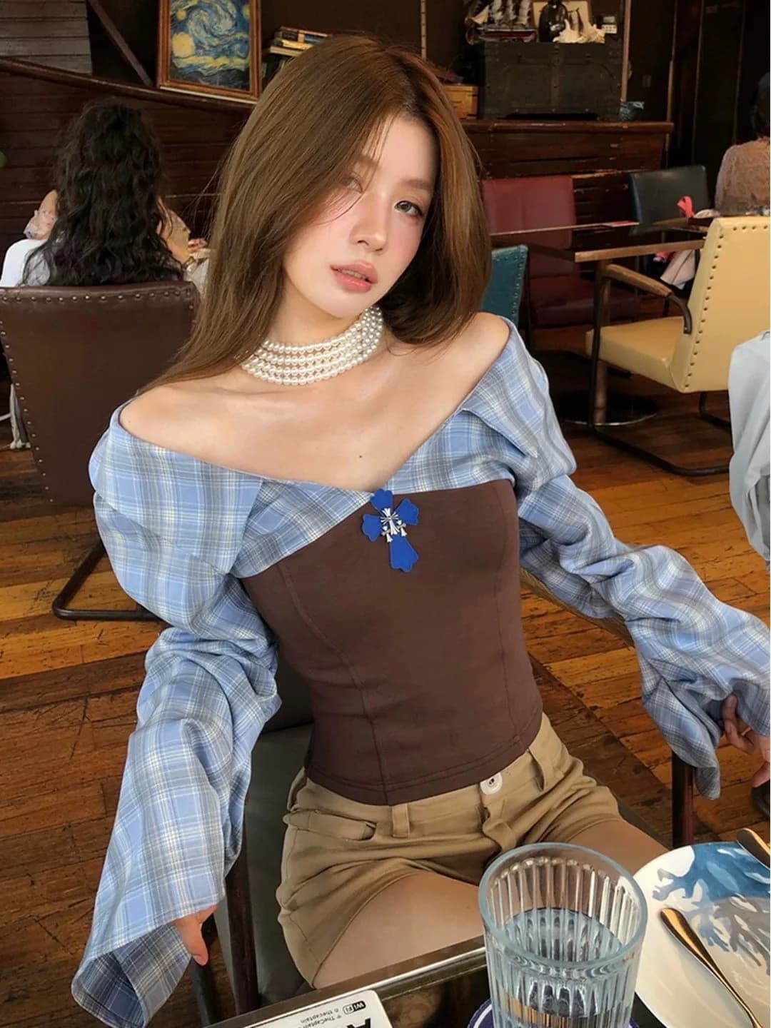 Fall 2026 Unique Minimalist Design Blue Plaid Patchwork Loose Shirt Sexy Style Cotton Linen Fabric Long Sleeve Printed T-shirt