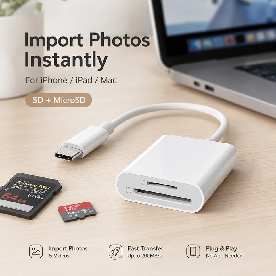 USB C SD Card Reader Type C 2-Slot Memory Card Reader for SD Micro SD Cards, Plug & Play for iPhone 15 16 17 iPad MacBook Mac