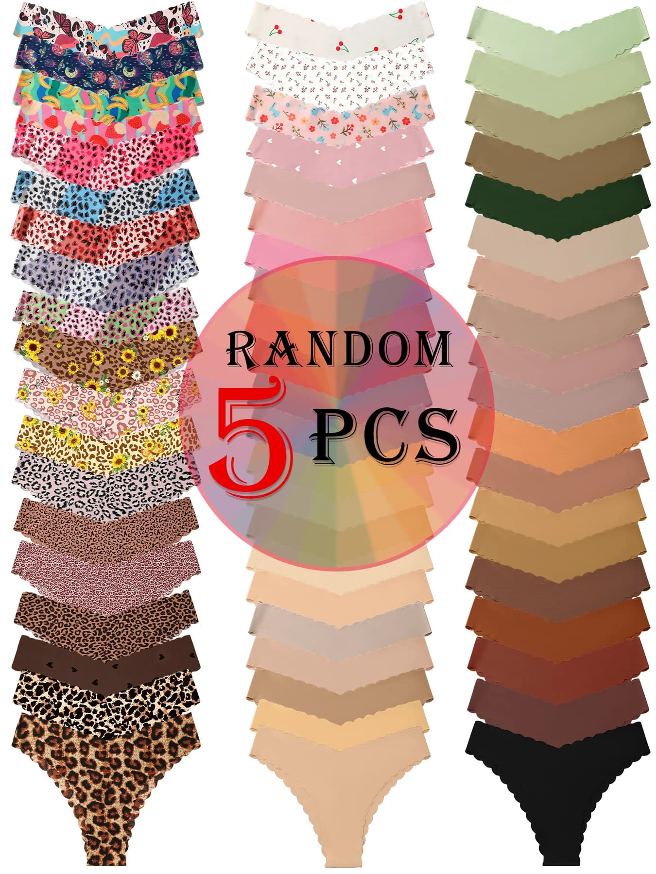 5PCS Random Mixed Pattern Scalloped V-Waist Thongs, Seamless Invisible Multi Prints Soft Breathable Women Daily Underwear