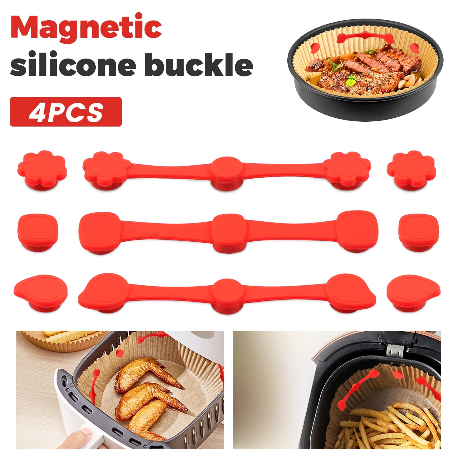 Magnete per friggitrice ad aria da 4 pezzi Fibbia magnetica in silicone resistente al calore Adesione ferma Magnete per rivestimento per friggitrice ad aria Fibbia in silicone per la cottura