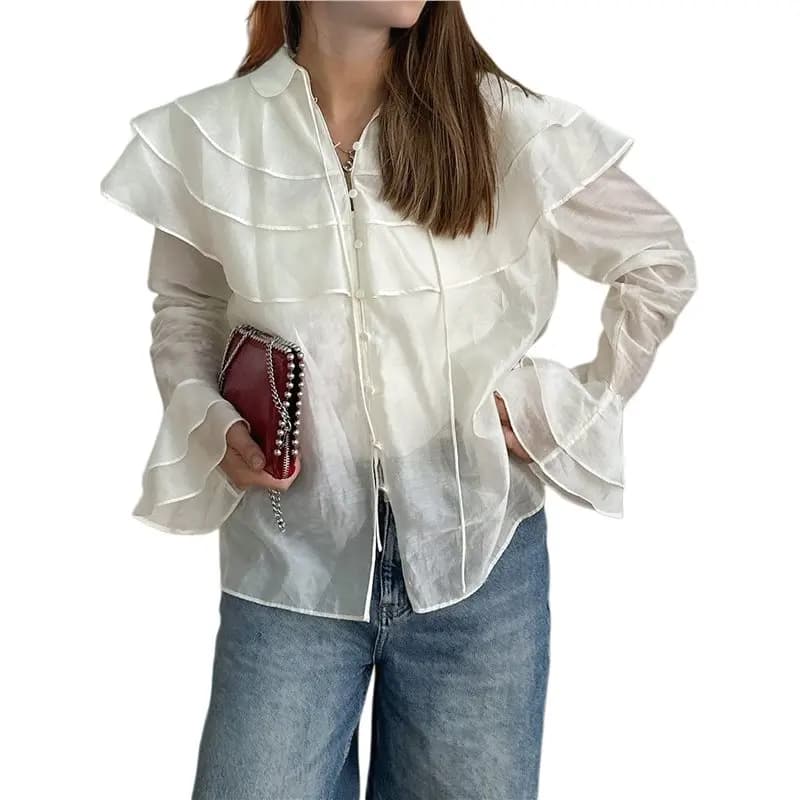 CYL-Women's Chiffon Ruffle Blouse Long Sleeve V Neck Tiered Layered Fashion Tops