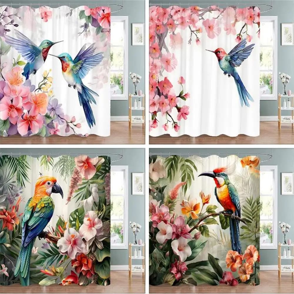 Tenda da Doccia con Piante Tropicali e Pappagalli, Foglie di Monstera e Palma in Acquerello, Uccelli, Fiori Rosa, Foglie Verdi, Tende da Bagno, Decorazioni per la Casa