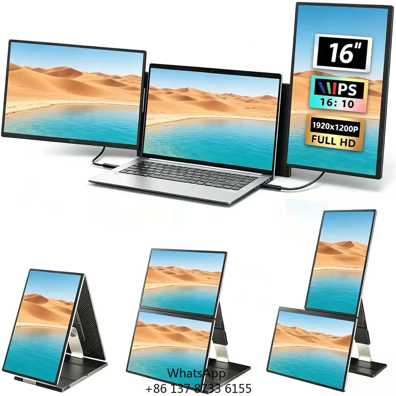 Three Screen Monitor Portable Display Table 2 Laptop 16 Inch FHD 1200P IPS LCD Panel For Work From Home High Efficiency Studio