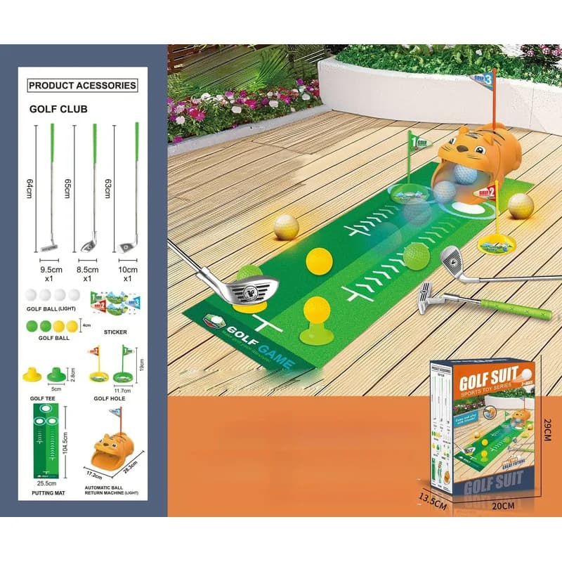 Golf Game Mat with Tiger Automatic Ball Returner, Kids Training Play Set, Indoor & Outdoor Sports Leisure Toy