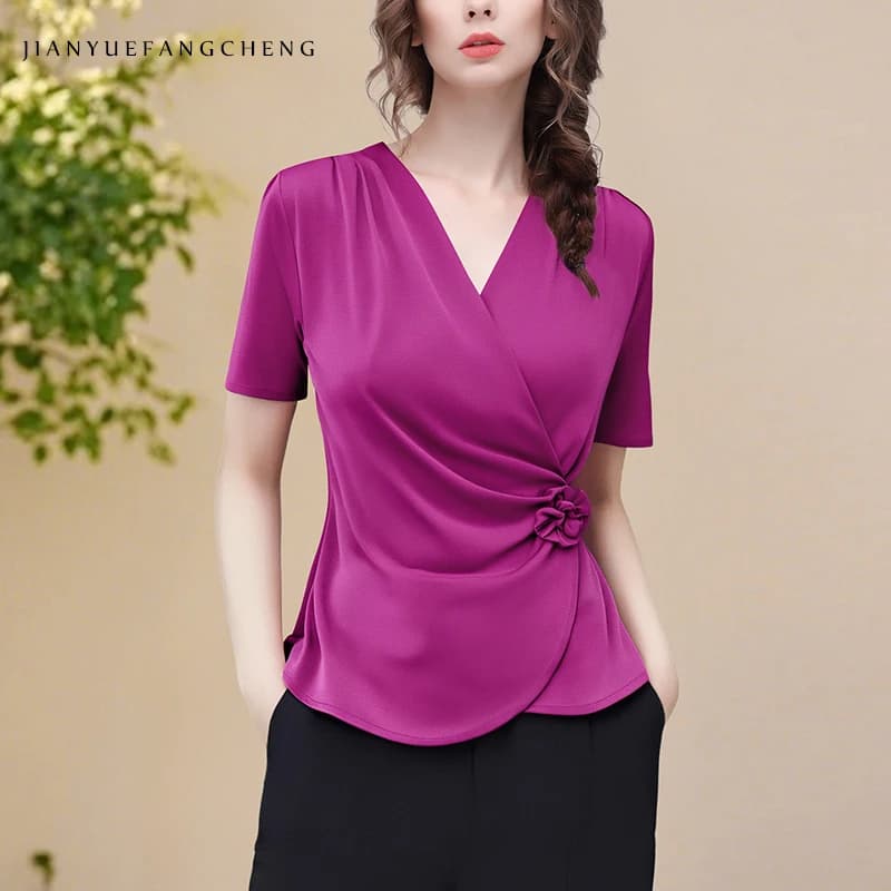 Fashion Womens Short Sleeve Magenta Blouse Stretching V-neck Top Elegant Slim 3D Flowers Casual Vintage Shirt
