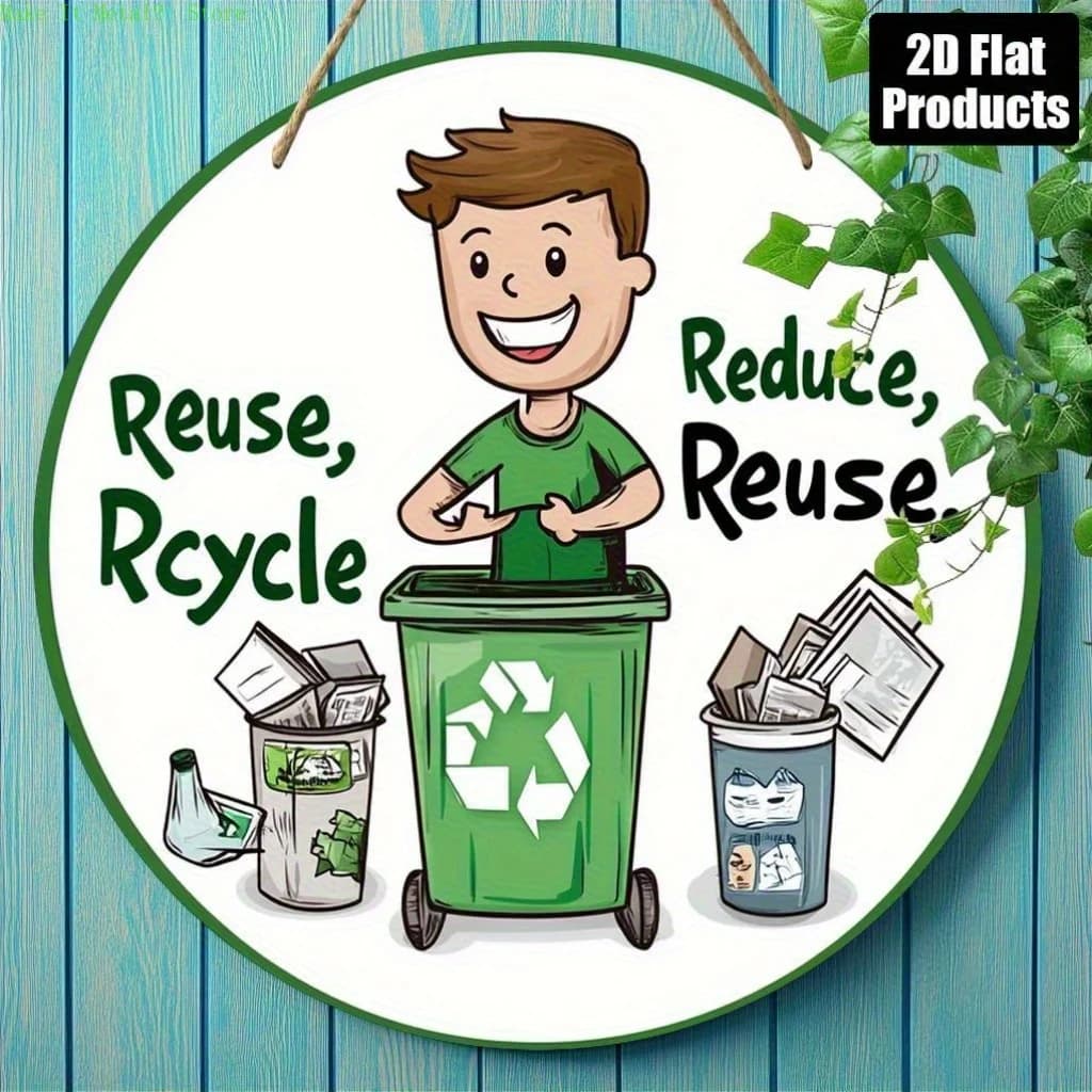 Targa in Metallo Rotonda 2D Piana con Scritta 'Reduce, Reuse, Recycle' Eco-Friendly, Decorazione Murale Verde per Aula, Casa ed E-commerce