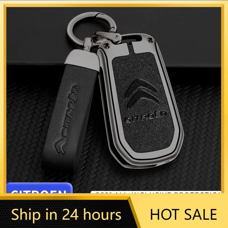 Car Sticker Zinc Alloy Leather Car Flip Key Case Cover Holder Shell Kerring For Citroen C3 C4 CACTUS C6 C8 Auto Key Protector Ac