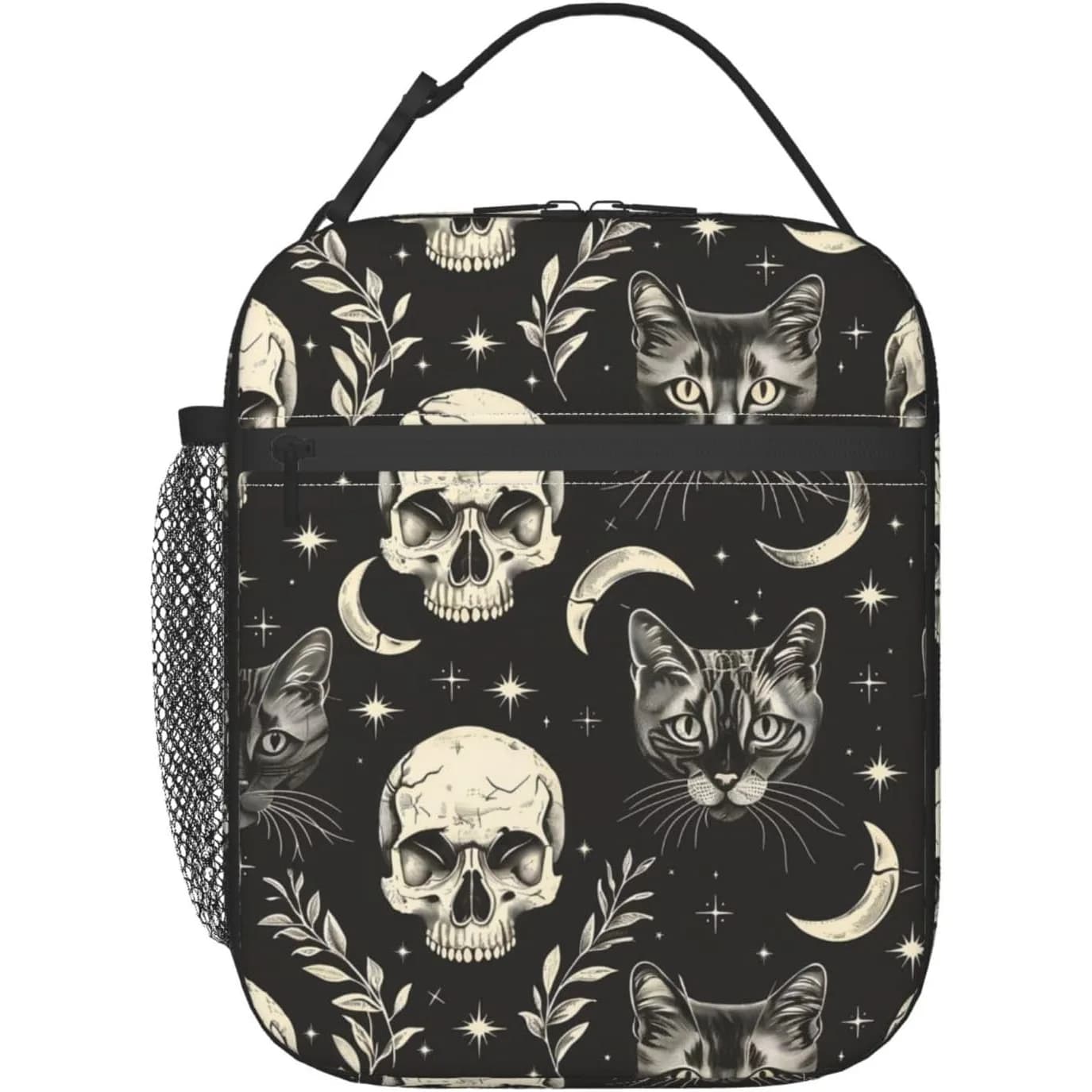 Borsa termica riutilizzabile in poliestere con teschio gotico e gatto nero, per adulti, stile Goth, per la scuola