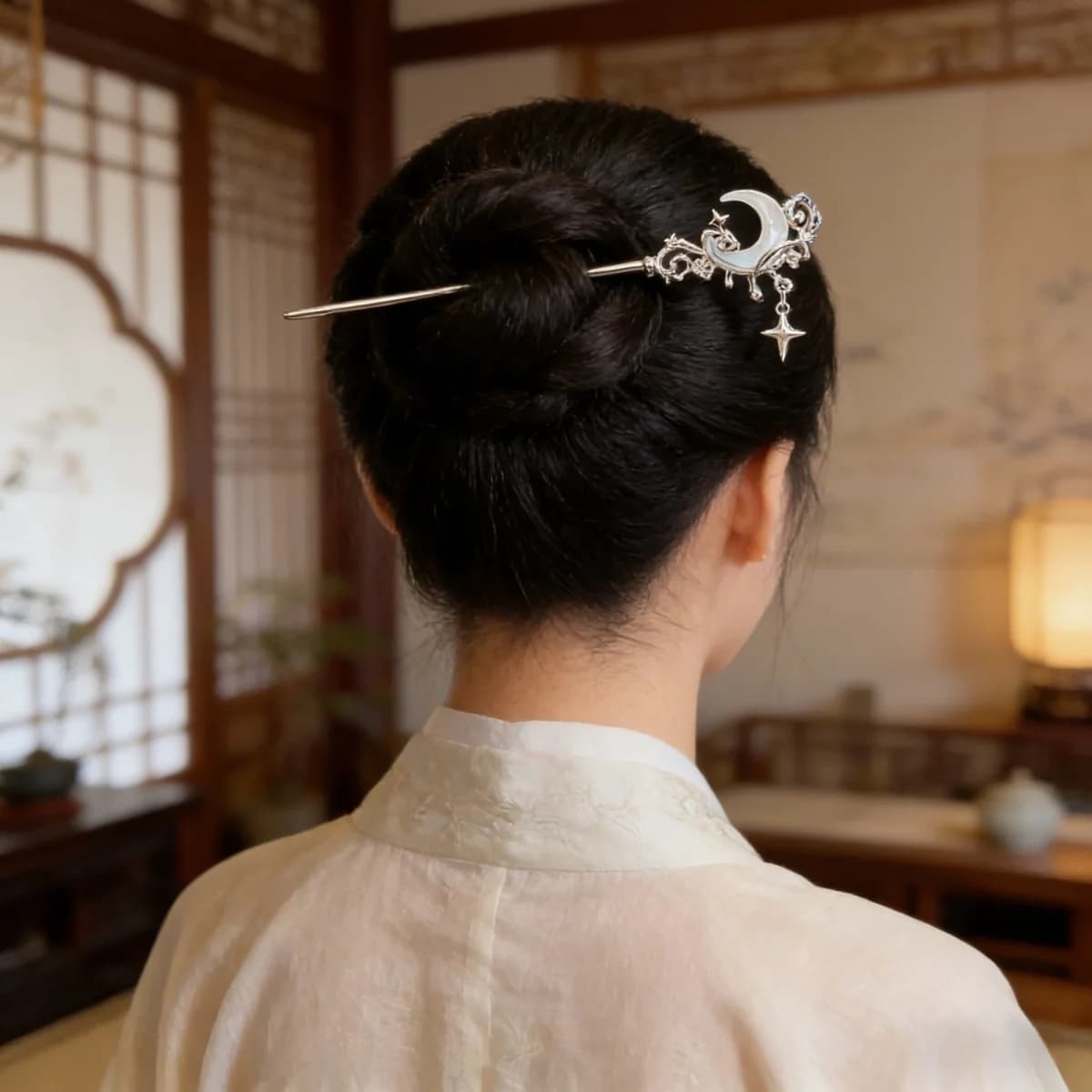 Chinese style hair rods with moonstone and star and moon tassels, vintage disc hairpins, unique gift for her