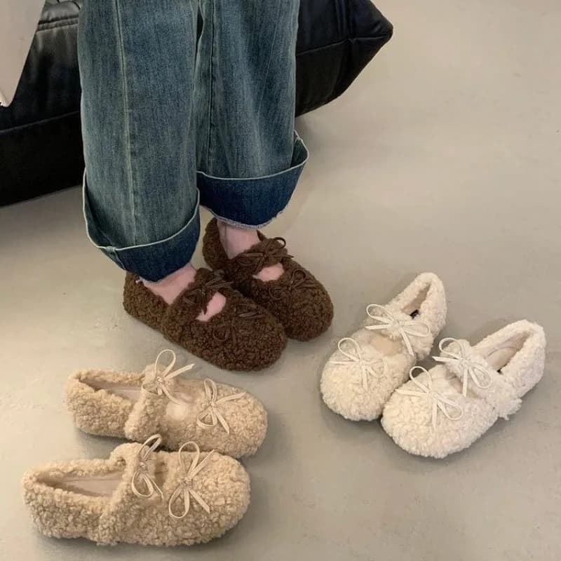 New Style Fashion Women's Shearling Balls With Mary Jane Low Shoes Strap With Crystal Buckle Lined in Hot Rabbit Fur