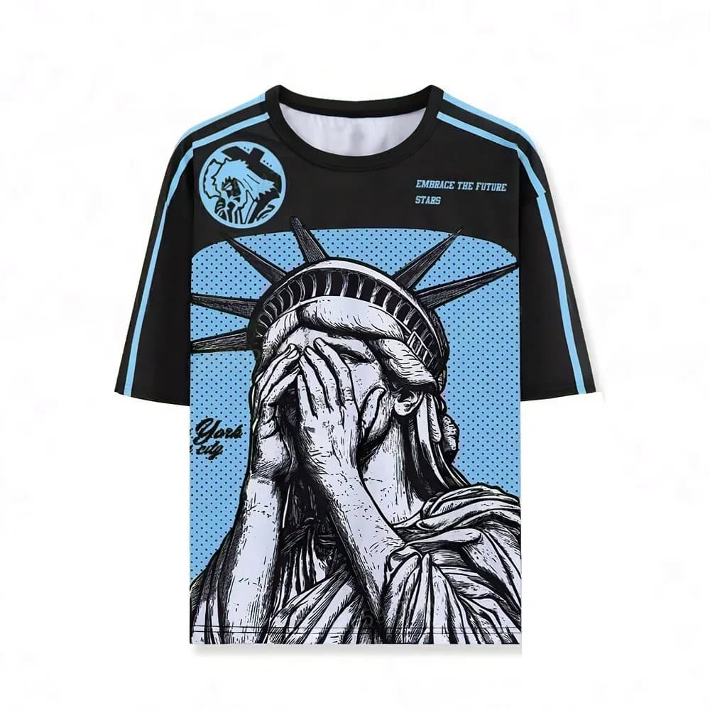 T-shirt da donna estiva Statue of Liberty Stampa O-Collo Manica corta Tee Estate Grafica Maglie da baseball Stripe Top sportivi oversize