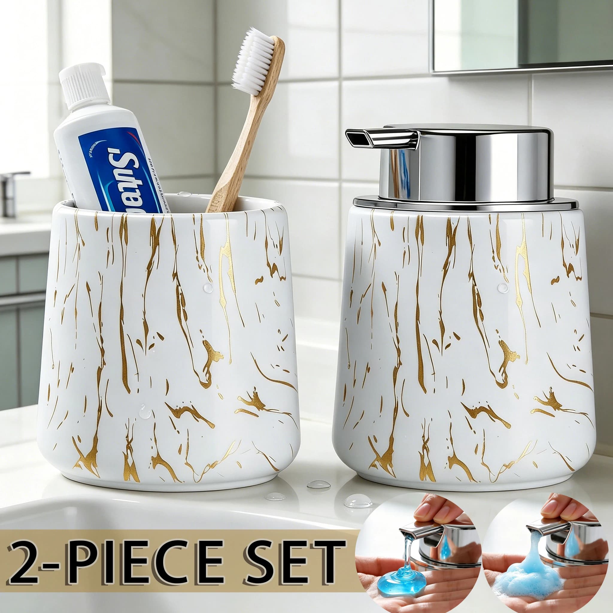 Elegant Bathroom Foam Soap Dispenser and Toothbrush Holder, Kitchen Dish Soap Dispenser & Organizer Cup for Home Decor