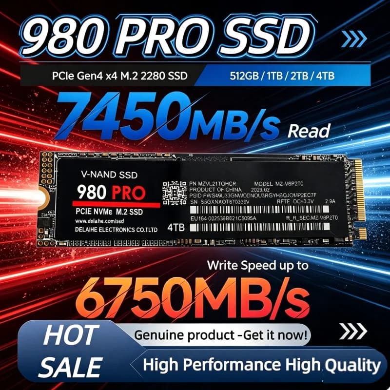 New 980Pro M.2 PCIe 4.0 NGFF SSD, Up to 7450MB/s Read, Internal Solid State High-Speed Storage Drive for Laptop & Desktop.