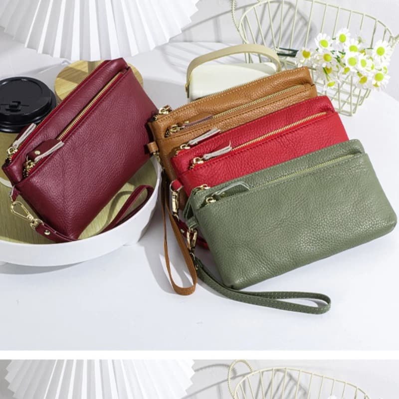 Large Genuine Leather Wrist Purse, Detachable Wrist Strap Zip Closure Wristlet Bag for Ladies Women Large Capacity Long Wallet