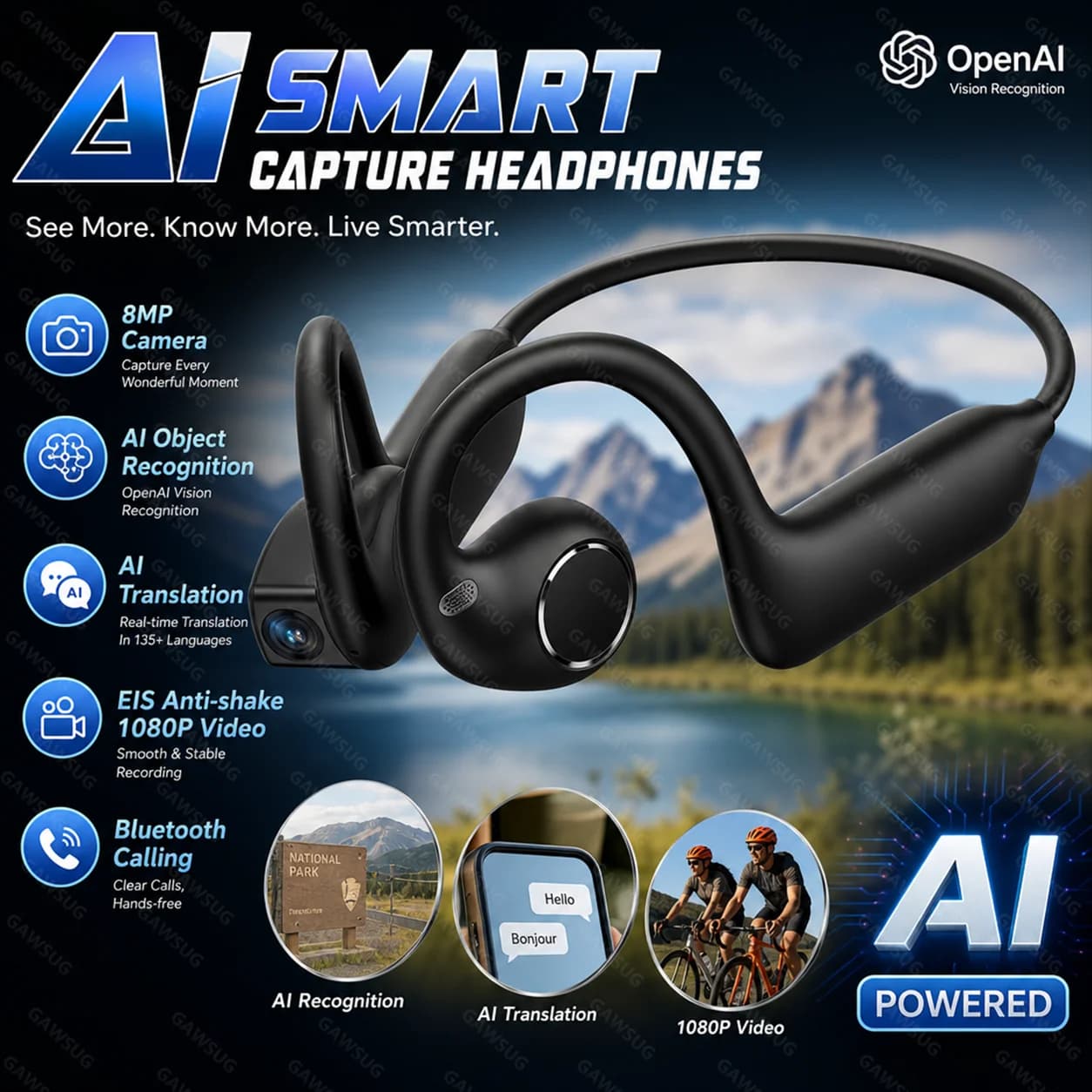 AI Smart Earphones 1080P Camera EIS Anti-Shake Video OpenAI Translation Object Recognition Spatial Audio Bluetooth Earbuds