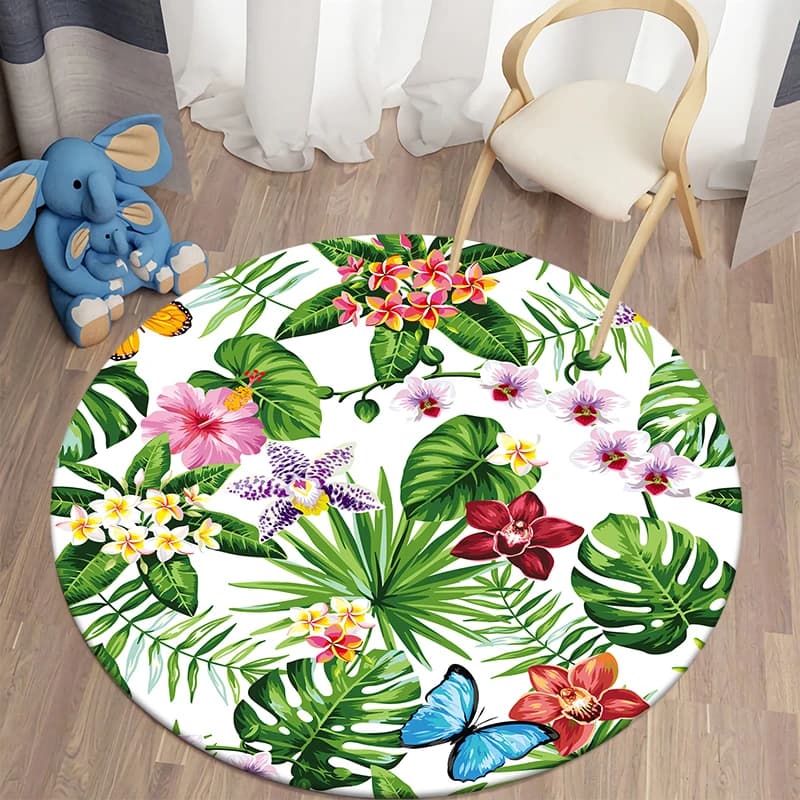Kawaii tropical green printed round carpet, children's living room mat, yoga mat, bedroom anti-slip mat, New Year's gift
