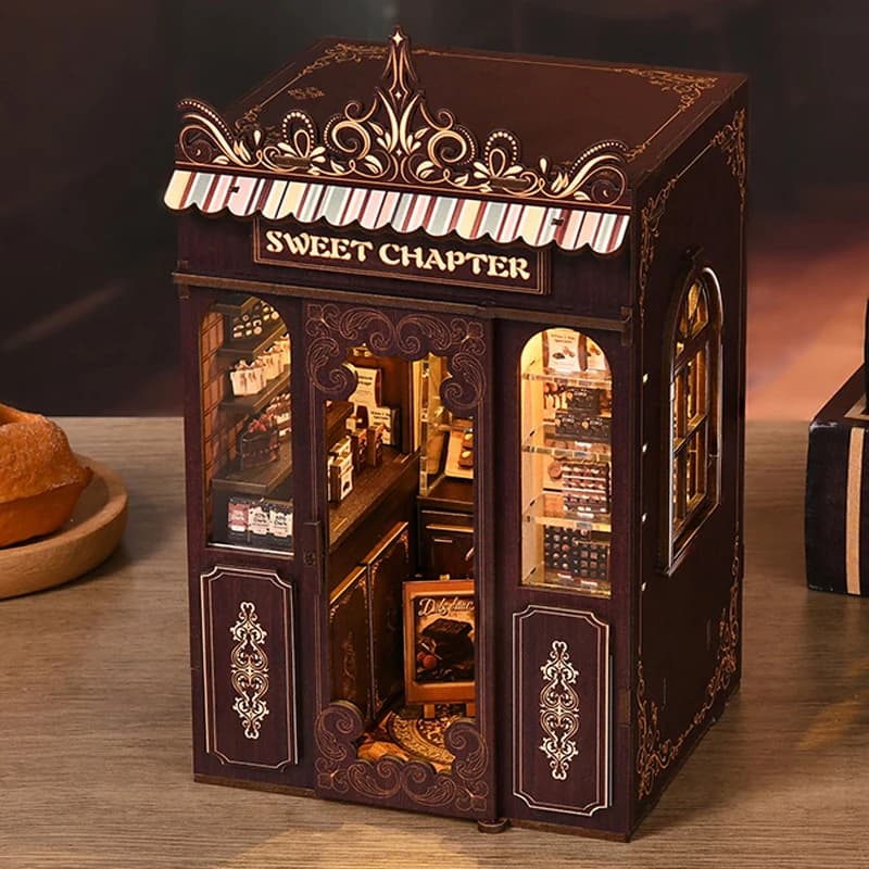 Angolo di libri fai-da-te Kit modello in miniatura in legno Capitolo dolce Negozio di dessert Fermalibri Puzzle 3D Scaffale per amici Regali di compleanno