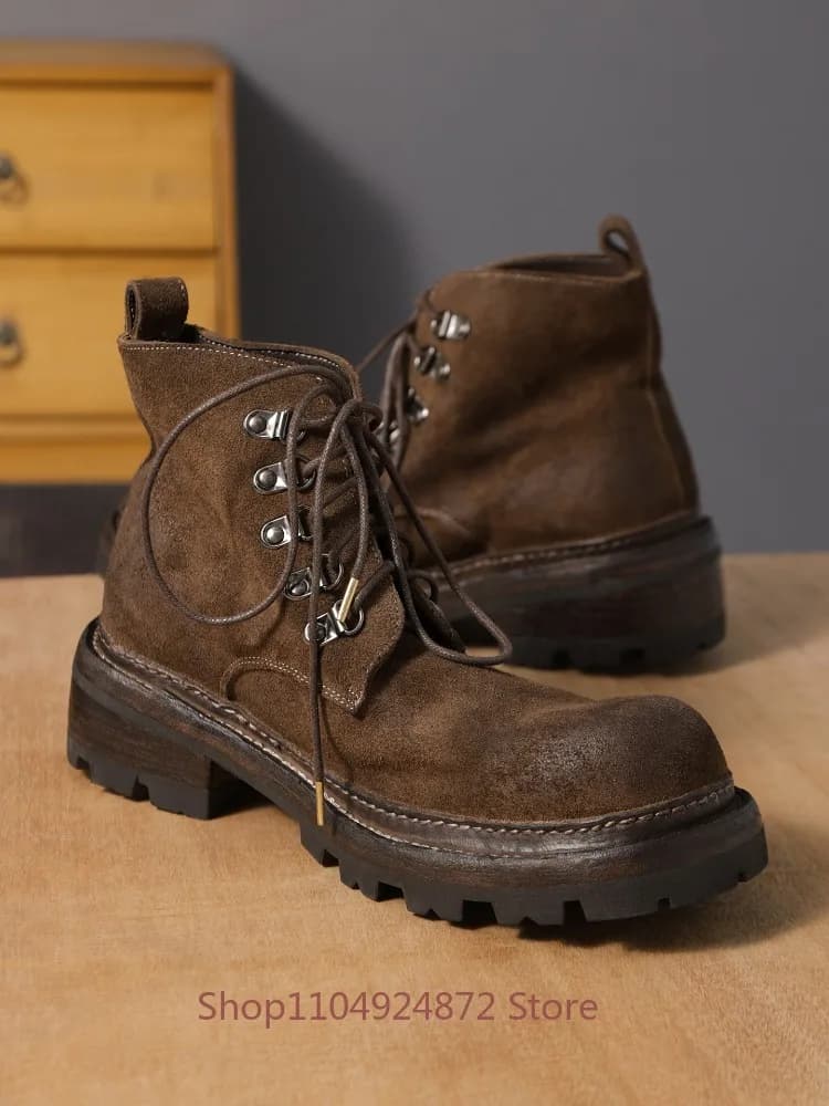 Stivali da Uomo alla Caviglia in Pelle di Cavallo Lavata Premium, Scarpe da Lavoro Vintage in Vera Pelle con Suola Spessa, Stivali da Moto Artigianali