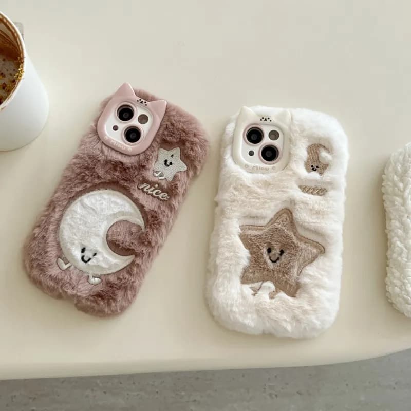 Soft Plush Cute Star Moon Phone Case For iPhone 14 15 16 Plus 13 Pro Max 11 12 17 Air Pro Fluffy Warm Winter Furry Fur Cover