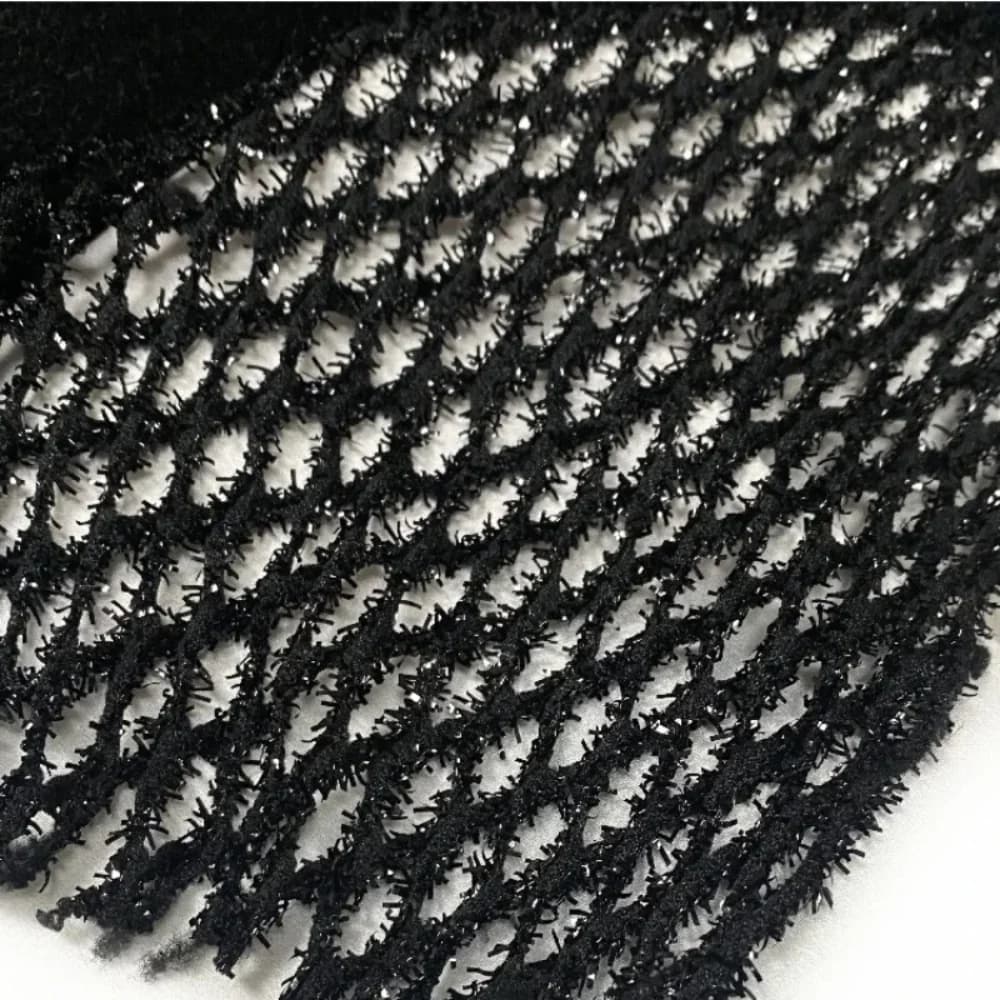 Tessuto a rete da pesca nero linea brillante Abito primaverile estivo Abbigliamento stile discoteca Palcoscenico Tessuti di pizzo scavati