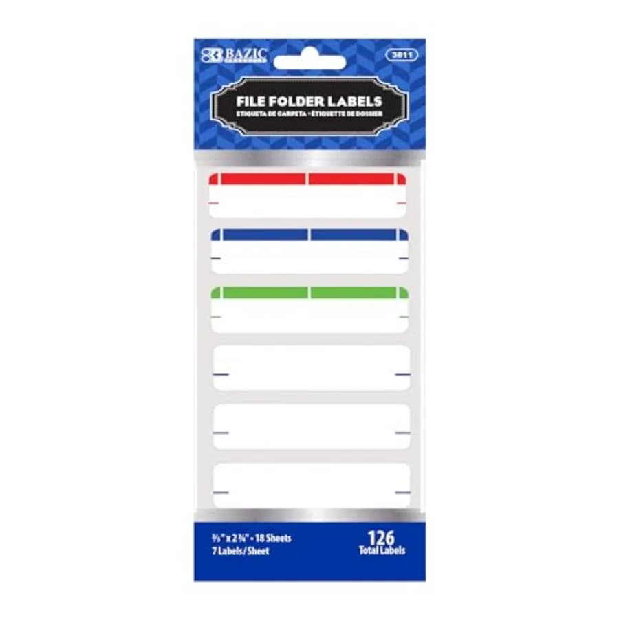 Etichette per cartelle BAZIC in colori assortiti, confezione da 126, per l'organizzazione dell'ufficio, materiale in carta resistente, colori multipli, facile da scrivere.