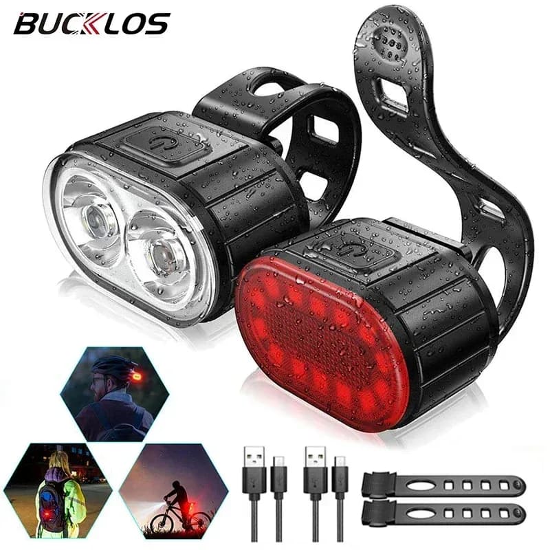 Luci per Bicicletta BUCKLOS, Illuminazione Anteriore e Posteriore, Lampada LED per Ciclismo, Torcia per Bicicletta, Luce Posteriore e Anteriore