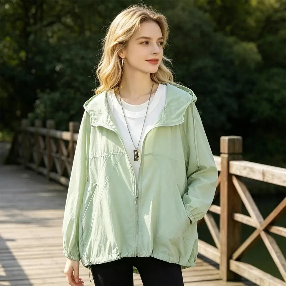 Giacca da donna con protezione solare, cerniera intera, maniche lunghe, leggera, ad asciugatura rapida, per allenamento sportivo, con cappuccio, estiva