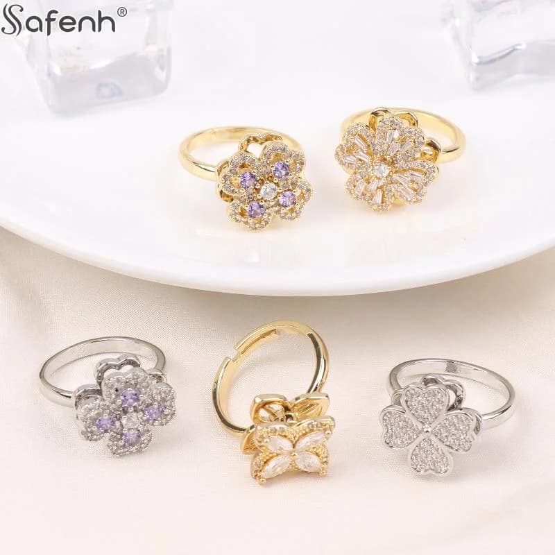 1PC Rame Girevole Quadrifoglio Anelli di Ansia Per Le Donne Zircone Anti-Stress Fidget Spinner Anello Estetico Regalo Dei Monili