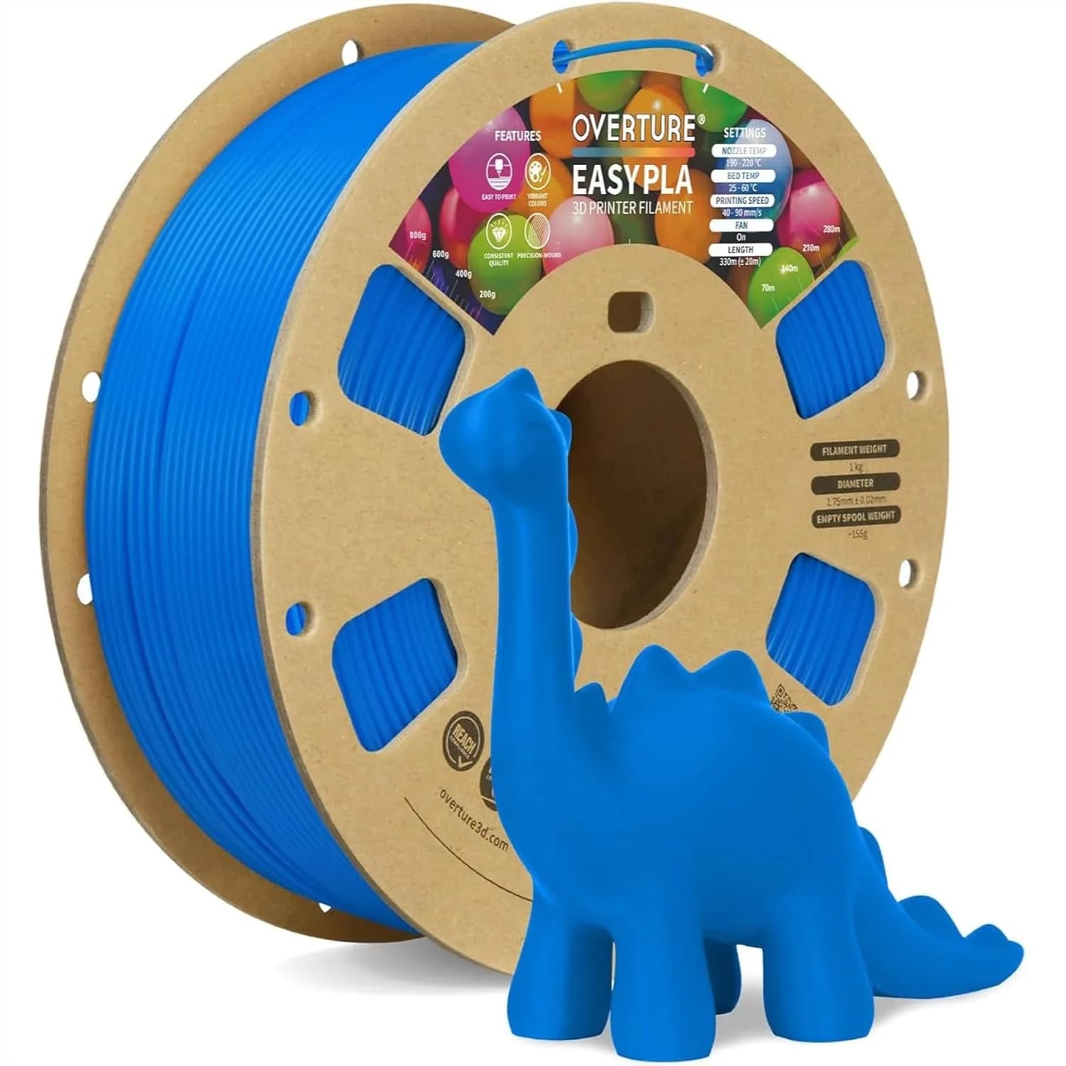 Filamento PLA 1,75mm per Stampante 3D, Bobina in Cartone da 1kg (2,2 libbre), Precisione Dimensionale +/- 0,02mm per la Maggior Parte delle Stampanti FDM