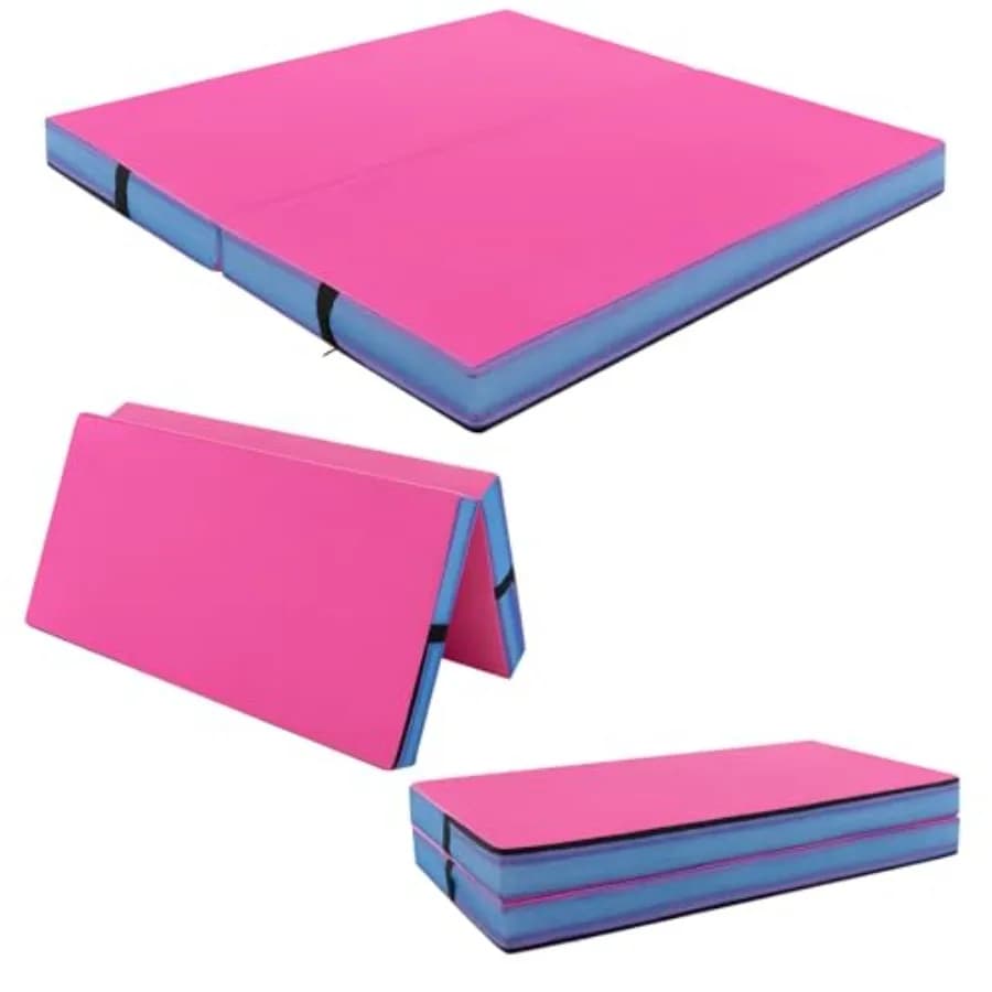 Home gym mat for aerobics, yoga and stretching: 4' x 4' folding gym mat, double fold stud mat with handles for transport, PU.
