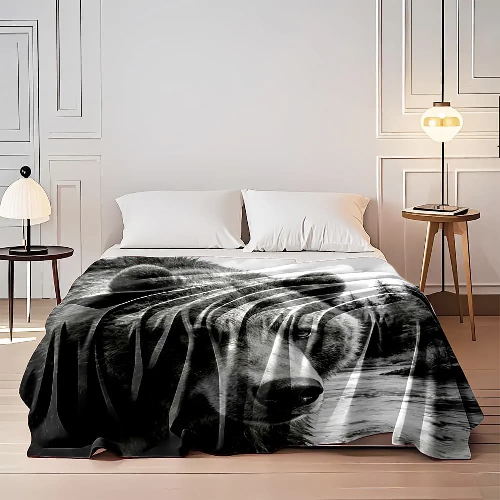 Coperta con testa di animale in bianco e nero, ritratti di leoni, orsi, adatta per tutte le stagioni, bambini adulti, per divano, viaggi a casa