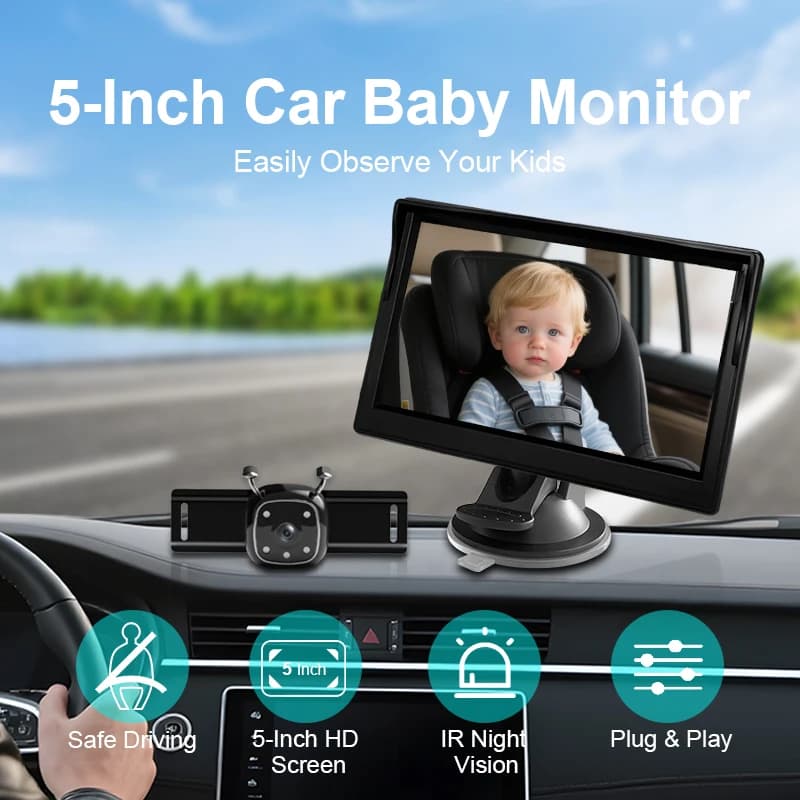 Baby monitor per auto Visualizza neonato nel sedile posteriore Telecamera per visione notturna con schermo da 5 pollici Specchio per auto per bambini piccoli