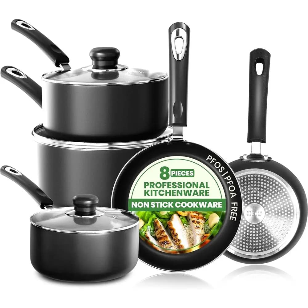 Set di Pentole Antiaderenti 8 Pezzi: Padelle da 20cm e 28cm, Casseruole da 16cm, 18cm, 20cm con Coperchi, Compatibili con Induzione, Nere