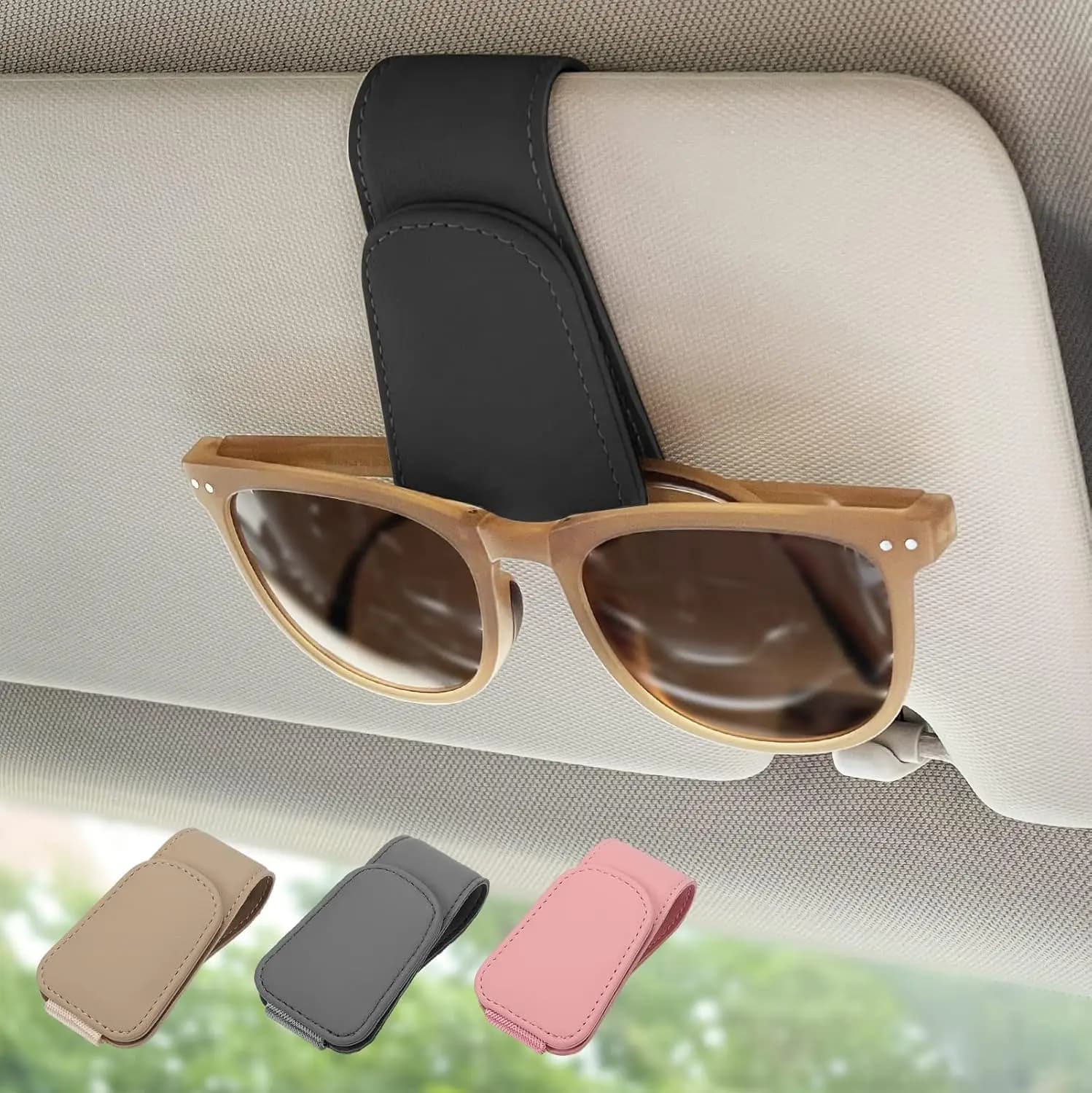 Portaocchiali in Pelle per Parasole Auto con Clip Magnetica, Contiene Occhiali e Carte