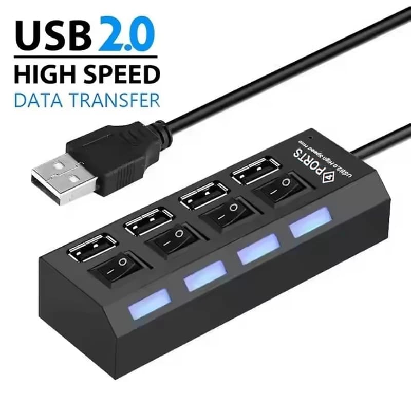 4-Ports USB 2.0 Hub Extension Splitter With Independent LED Switch Control For Laptop Desktop MacBook Computer Accessory Kit Set
