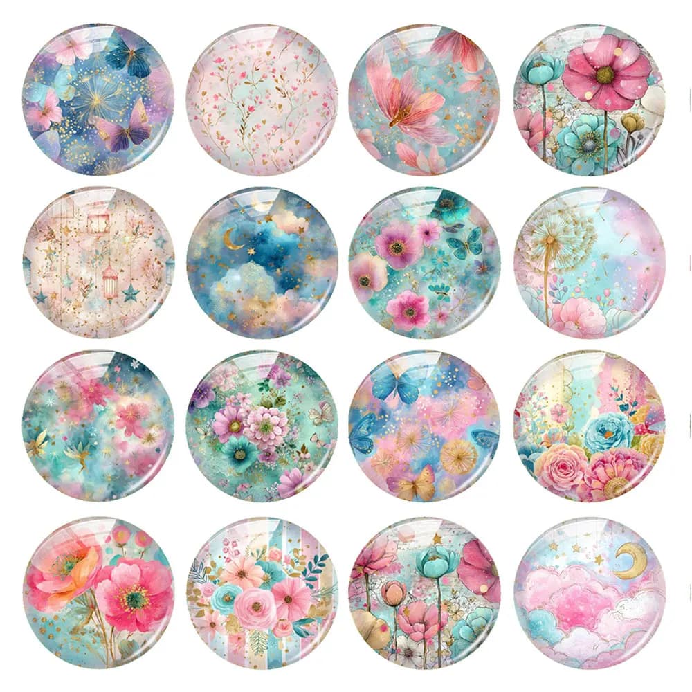 Random Mixed Round/Oval/Square Dreamy Blue Gold Floral Watercolor Photo Glass Cabochon Flatback Demo Cameo For Diy Jewelry Makin