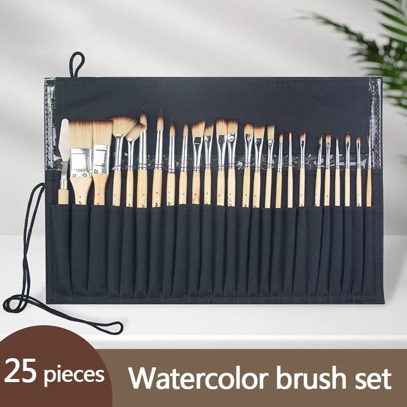25 pieces of nylon brush, oil painting brush, wooden acrylic brush set, mixed brush tip, portable brush with good adsorption